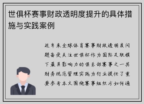 世俱杯赛事财政透明度提升的具体措施与实践案例