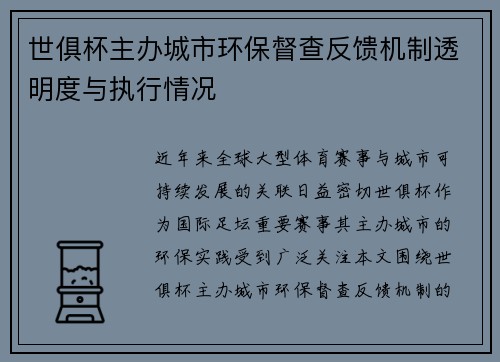 世俱杯主办城市环保督查反馈机制透明度与执行情况